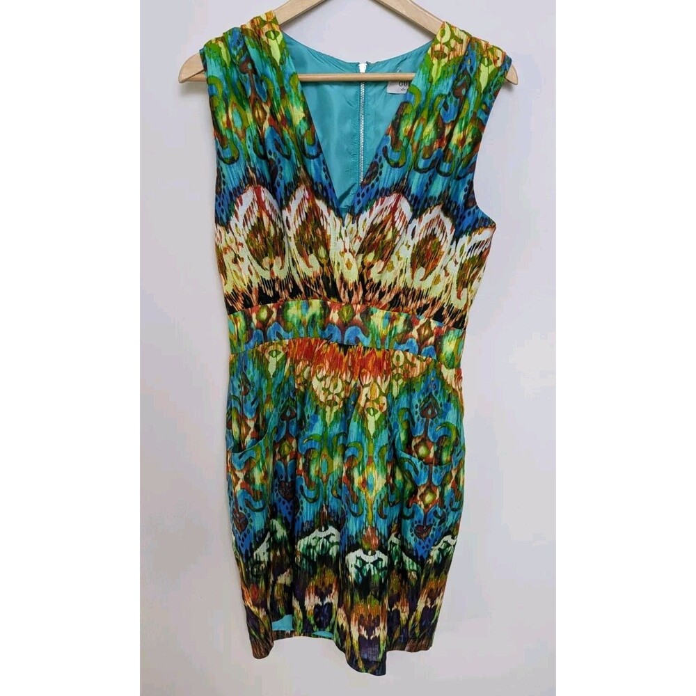 Guess Tie Dye Rainbow Cross Front V-Neck Cotton Festival Mini Dress Pockets SZ 8